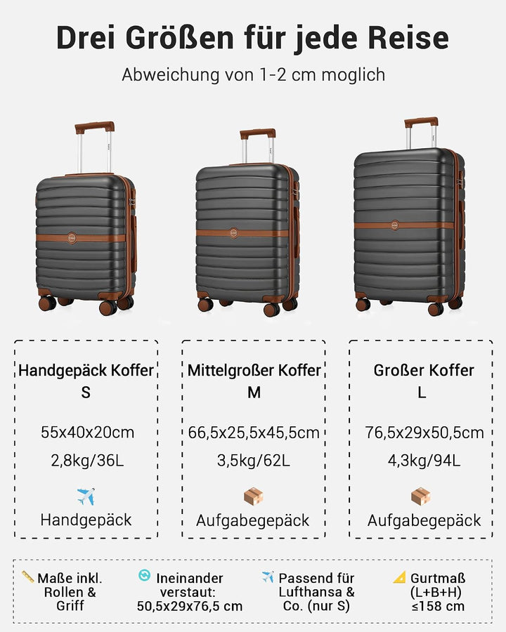KONO Koffer Reisekoffer Trolley Kofferset 3 Teilig von ABS+PC Hartschalenkoffer mit Zwillingsrollen