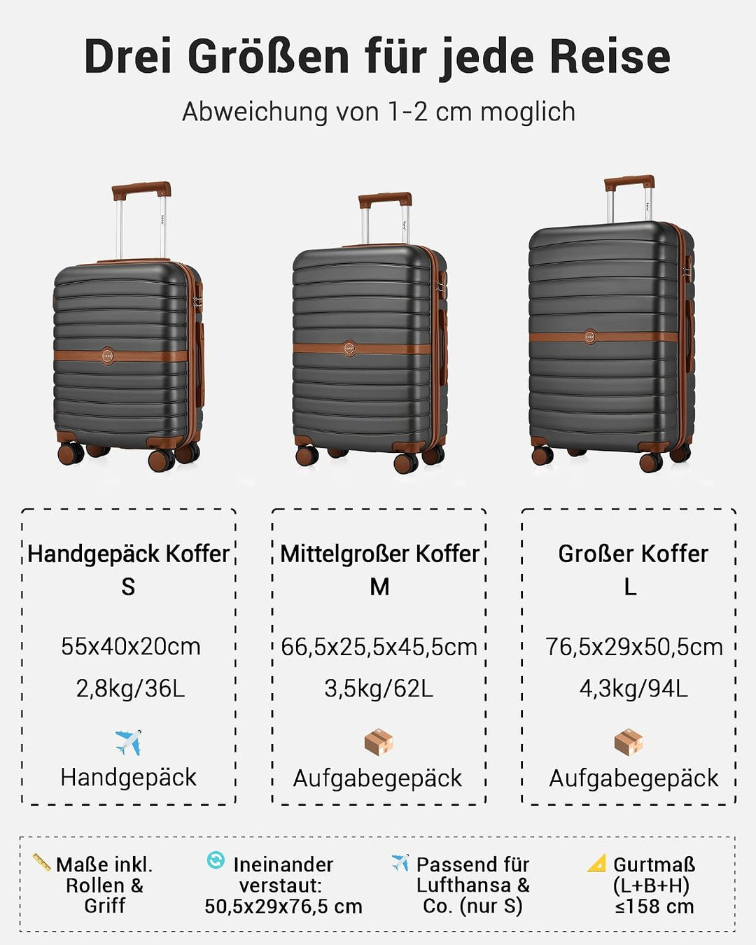KONO Koffer Reisekoffer Trolley Handgepäck Koffer 55x40x20cm von ABS+PC Hartschalenkoffer mit Zwilli
