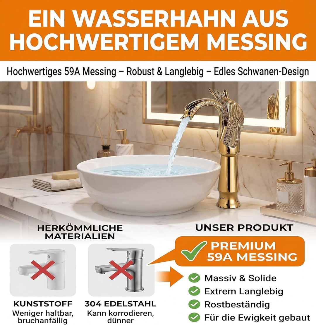 Einzigartiger Schwan Wasserhahn Bad Gold, Hohe Waschtischarmatur für Aufsatzwaschbecken, Retro Vinta