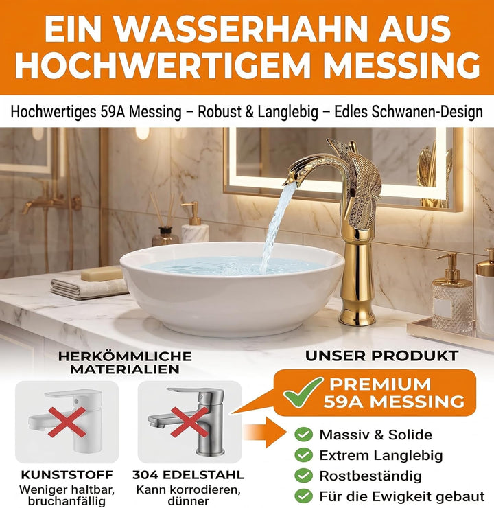Einzigartiger Schwan Wasserhahn Bad Gold, Hohe Waschtischarmatur für Aufsatzwaschbecken, Retro Vinta