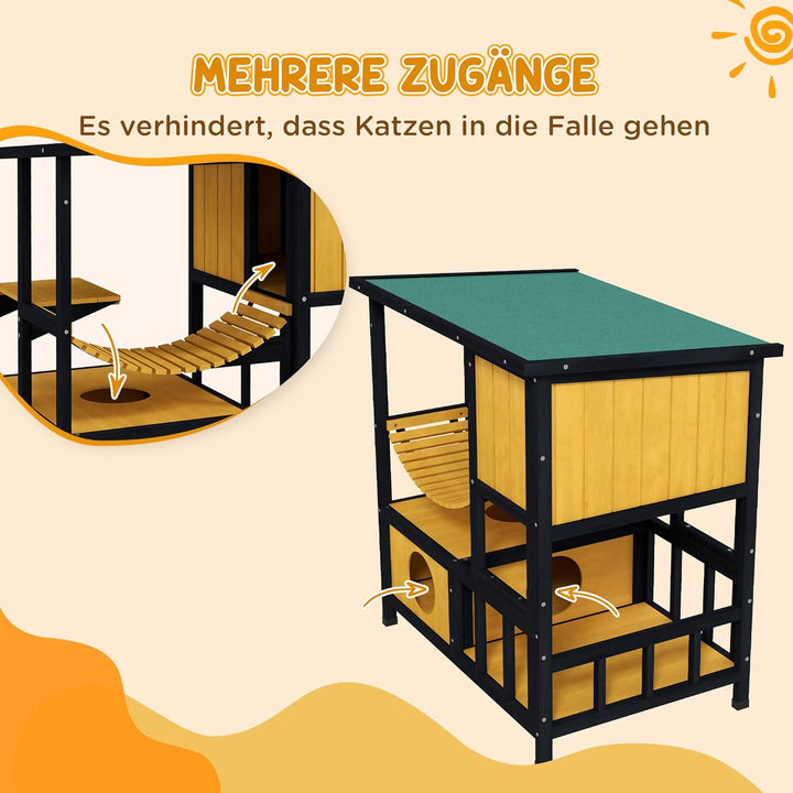 PawHut Katzenhaus aus Holz Katzenhöhle für Draussen, Wetterfest Katzenhütte mit Asphaltdach, Hängebr