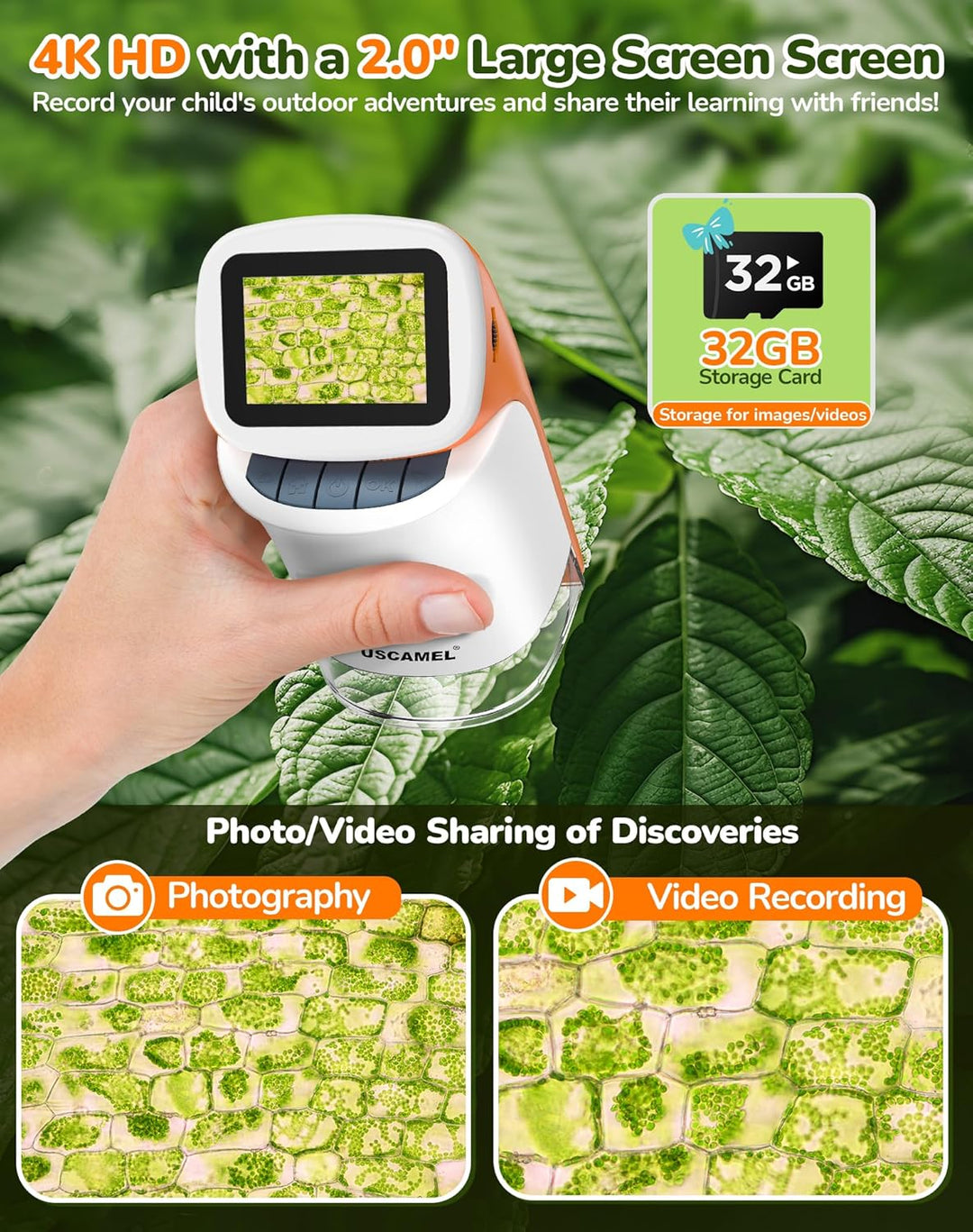 Mikroskop für Kinder mit Stand: Digitales Handmikroskop 100 – 1000 x: LCD-Display 4 K, 2,0 Zoll, USB