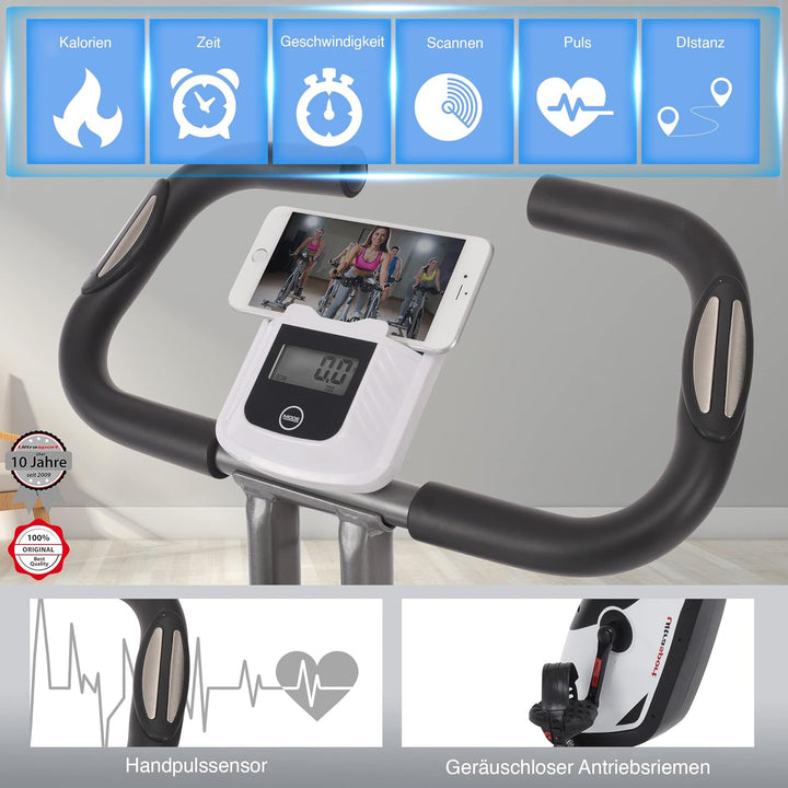 Ultrasport F-Bike 150/200, Heimtrainer, 8 Widerstandsstufen, Tablethalterung, Handpulssensoren, falt