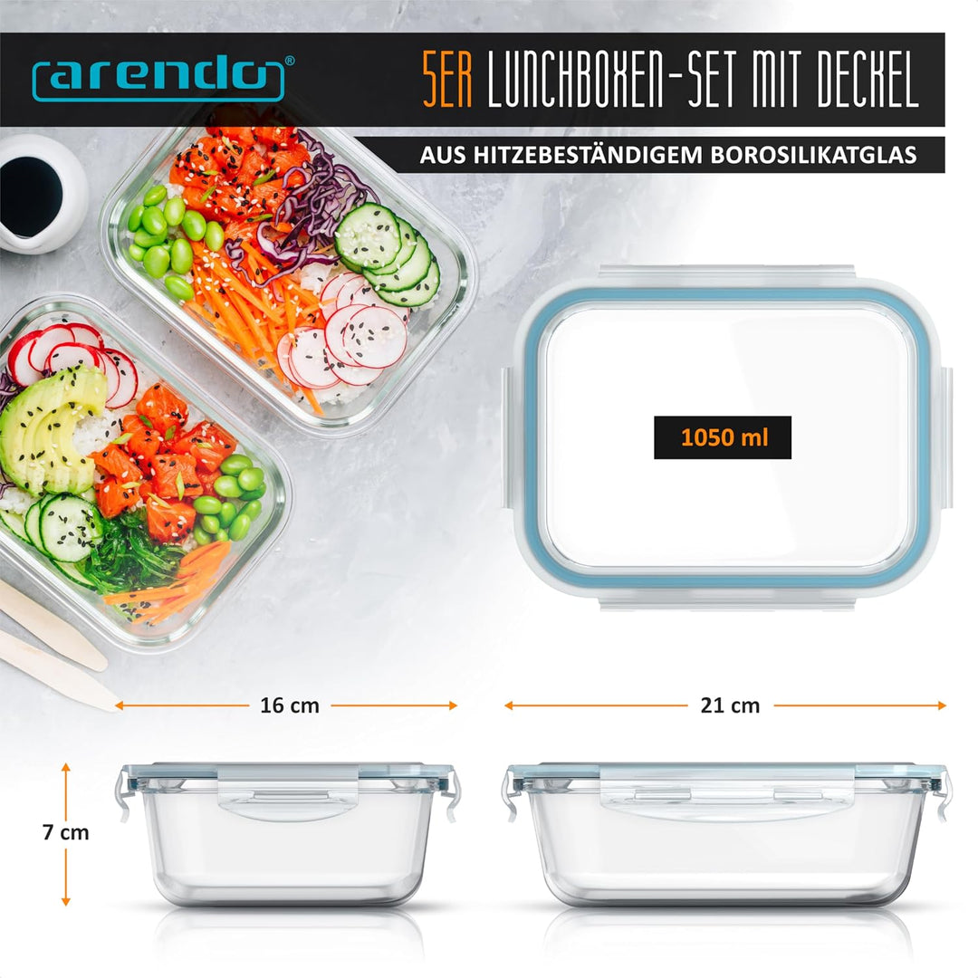 Arendo - Glas Frischhaltedosen Vorratsdosen für Lebensmittel mit Deckel luftdicht - 5er Set - 1050 m