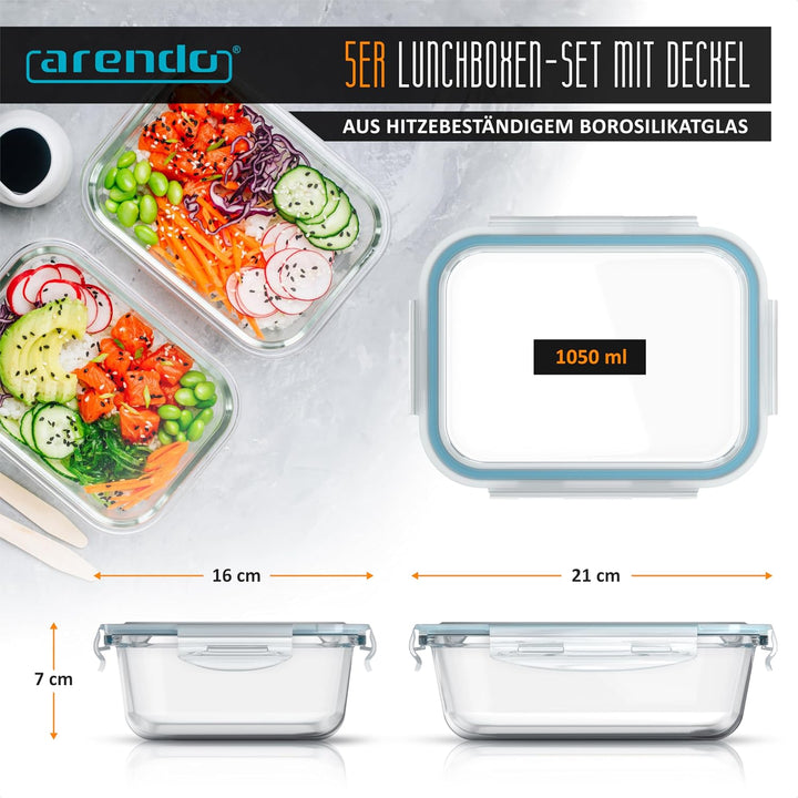 Arendo - Glas Frischhaltedosen Vorratsdosen für Lebensmittel mit Deckel luftdicht - 5er Set - 1050 m