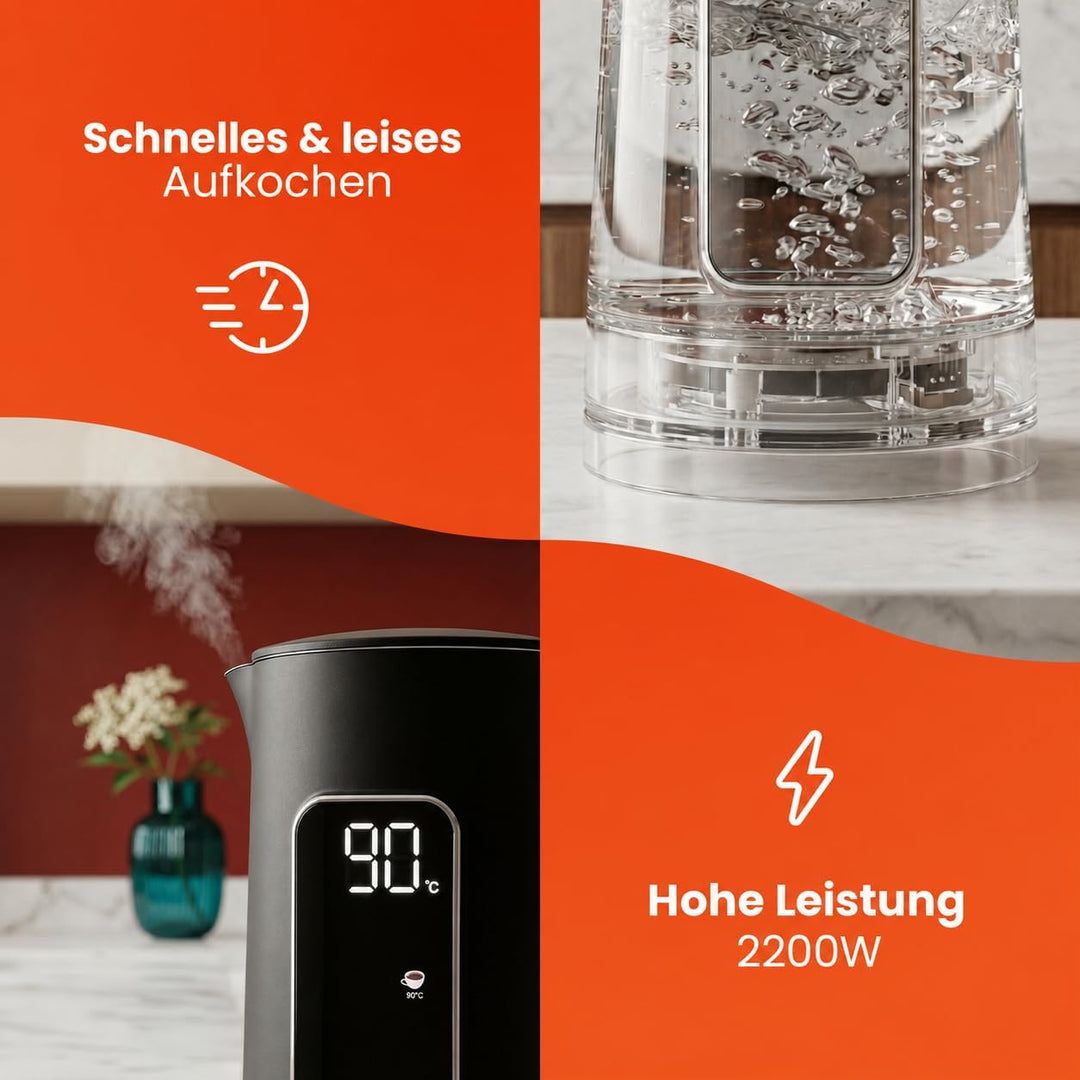 Elektrischer Wasserkocher, Kabellos, 2200W, Touch Panel, 1.7L, Schwarz, Schwarz