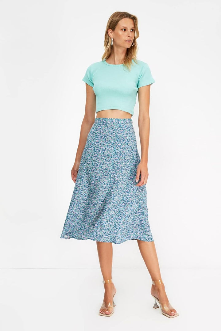 TRENDYOL Frau Midi A-Linie A-Linie Webstoff Rock 38 Blau, 38 Blau