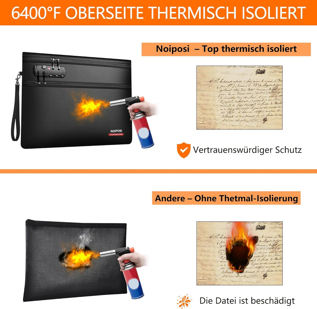 Noiposi 6400℉ Feuerfeste Dokumententasche mit Schloss, 12-lagige Wärmedämmung | Doppeltem Reissversc