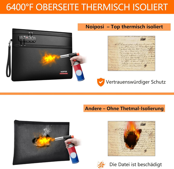 Noiposi 6400℉ Feuerfeste Dokumententasche mit Schloss, 12-lagige Wärmedämmung | Doppeltem Reissversc