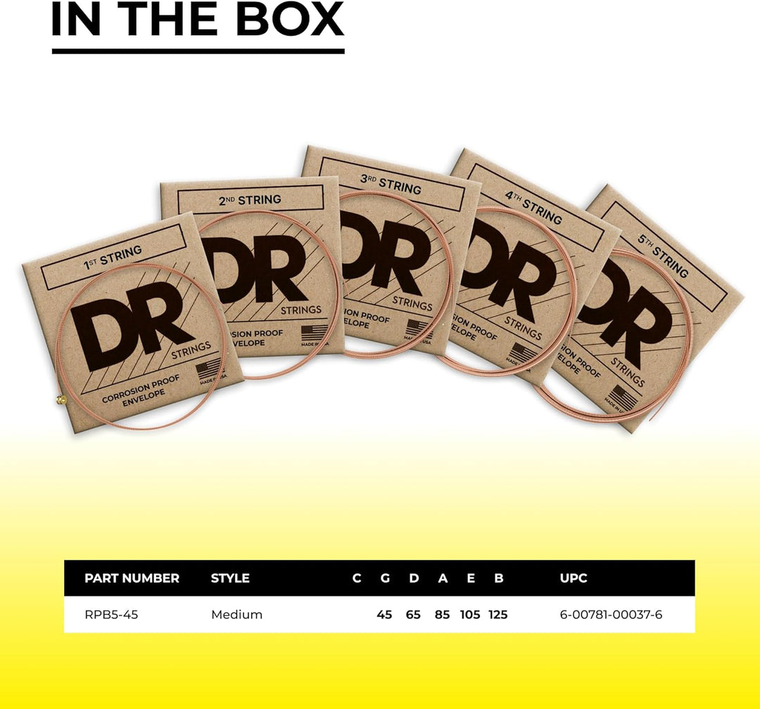 DR Strings RPB545 45-125 Medium Set Handmade Rare Coated 5-String Bass Strings