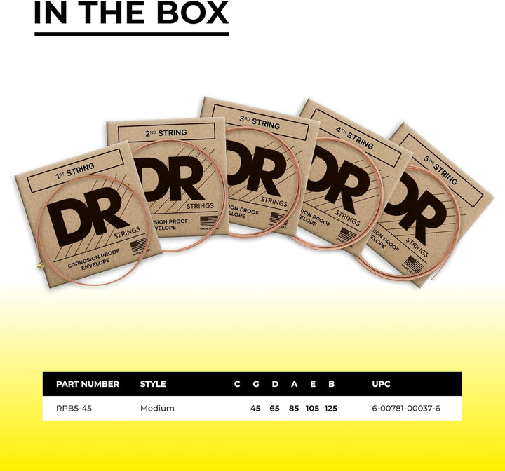 DR Strings RPB545 45-125 Medium Set Handmade Rare Coated 5-String Bass Strings