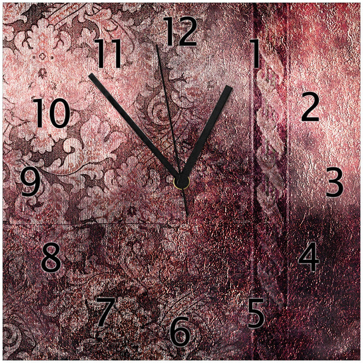 Wallario Design-Wanduhr Schnörkelmuster in rot aus Glas, Motiv-Uhr Grösse 30 x 30 cm, Schwarze Zeige