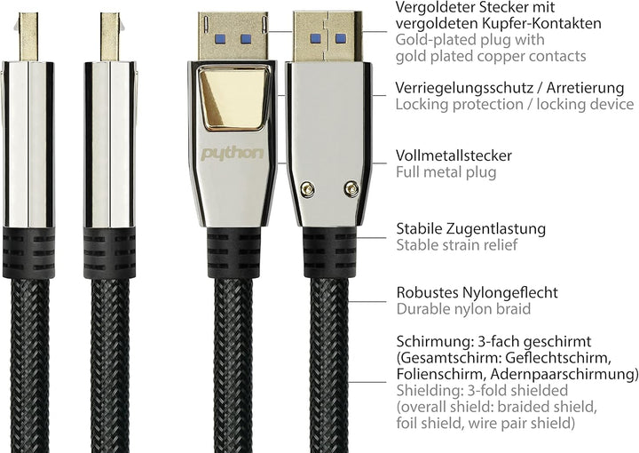 Python PREMIUM DisplayPort 2.0 Kabel - 50cm / 0,5 m - 54 Gbit/s, UHBR 13.5-4K @240Hz / 8K @60Hz - KU
