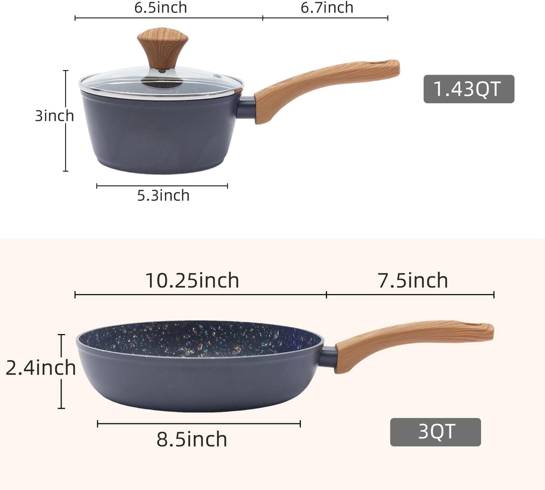 Topf & Pfanne Set grosse Bratpfanne - keramikbeschichteter Aluminiumholzgriff, alle Herdplatten (2,