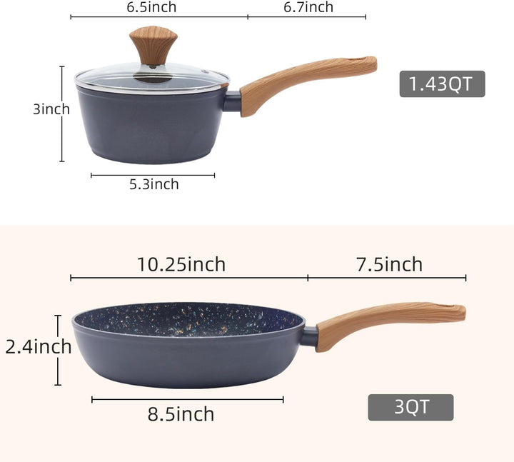 Topf & Pfanne Set grosse Bratpfanne - keramikbeschichteter Aluminiumholzgriff, alle Herdplatten (2,