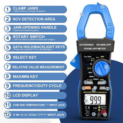 Digitales Zangenmessgerät Multimeter T-RMS 6000 Counts,GR-580S-APP berührungsloser Spannungsprüfe mi