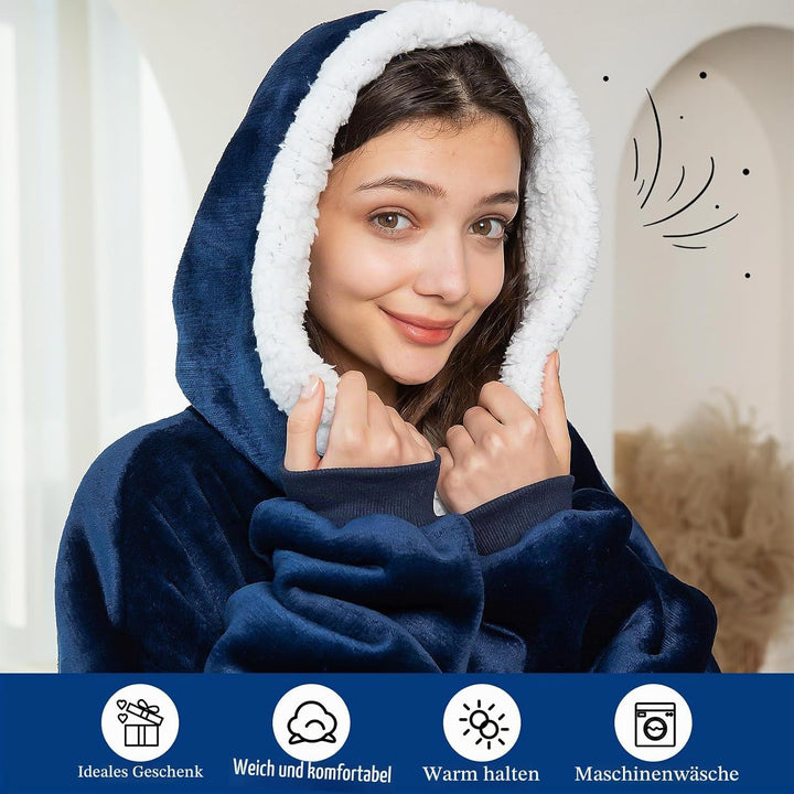 FEELJAM Kuscheldecke mit ärmeln und kapuze hoodie decke tragbare decke navy blu wolldecke mit ärmel