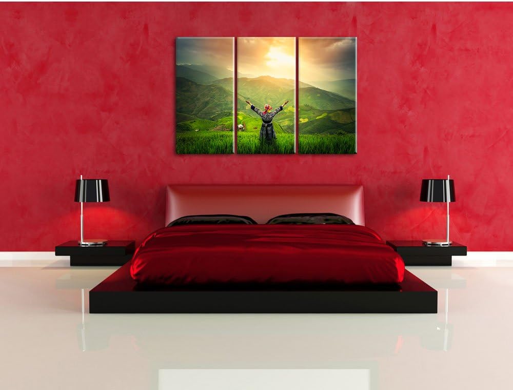 Pixxprint asiatische Berg Farm als Leinwandbild/Grösse: 3 Teilig (120x80) / Wandbild/Kunstdruck/fert