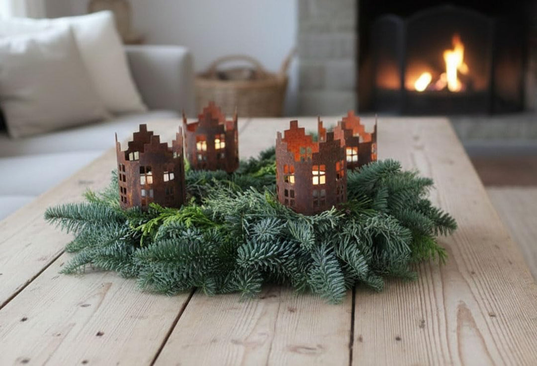LB H&F 4er Set Adventskranzstecker HÄUSER Deko Kerzenhalter Advent Rost Metall Weihnachten KERZENSTE