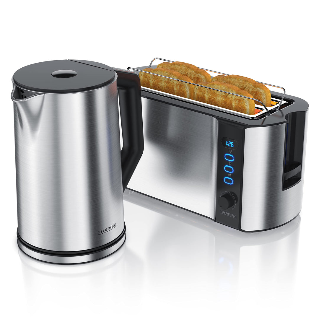 Arendo - Wasserkocher mit Toaster SET Edelstahl Silber, Wasserkocher 1,5L 40° 100°C Warmhaltefunktio