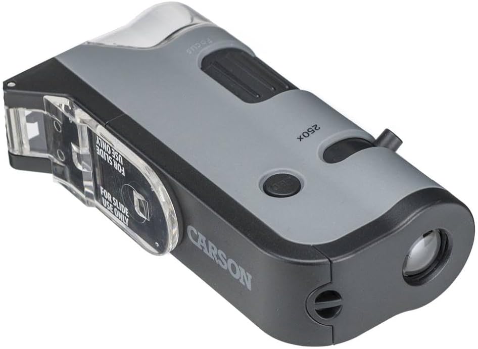 Carson MicroFlip 100x-250x Taschenmikroskop mit Smartphone-Adapter für Fotos und Videos (MP-250), Mi