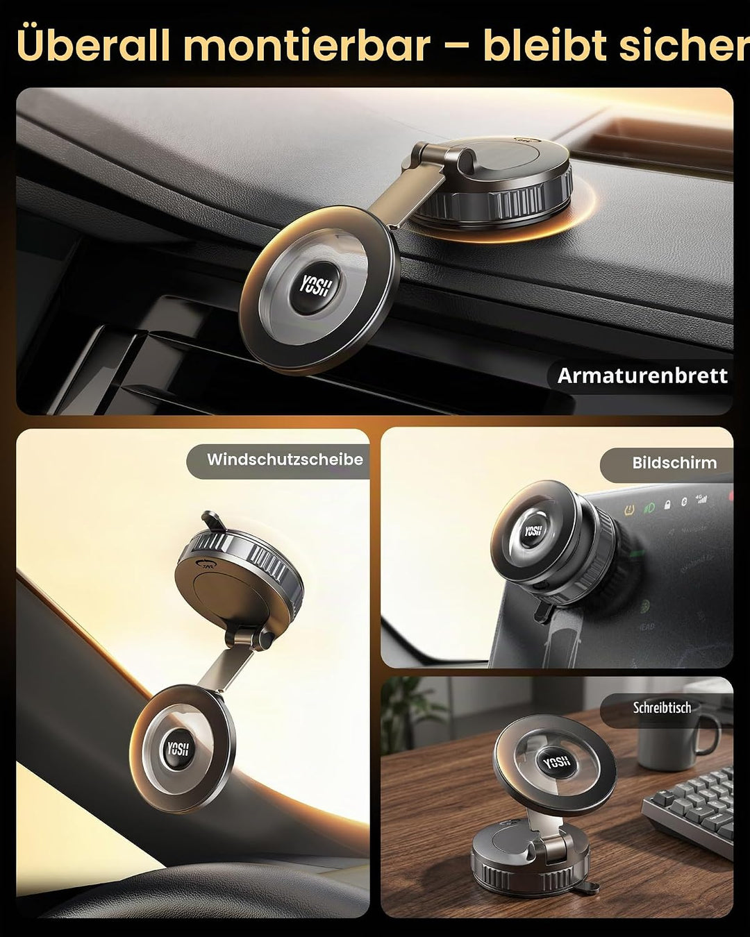 YOSH Vakuum Handyhalterung Auto für MagSafe, Starke Saugkraft mit Twist-Lock, 360° drehbare Basis &amp;