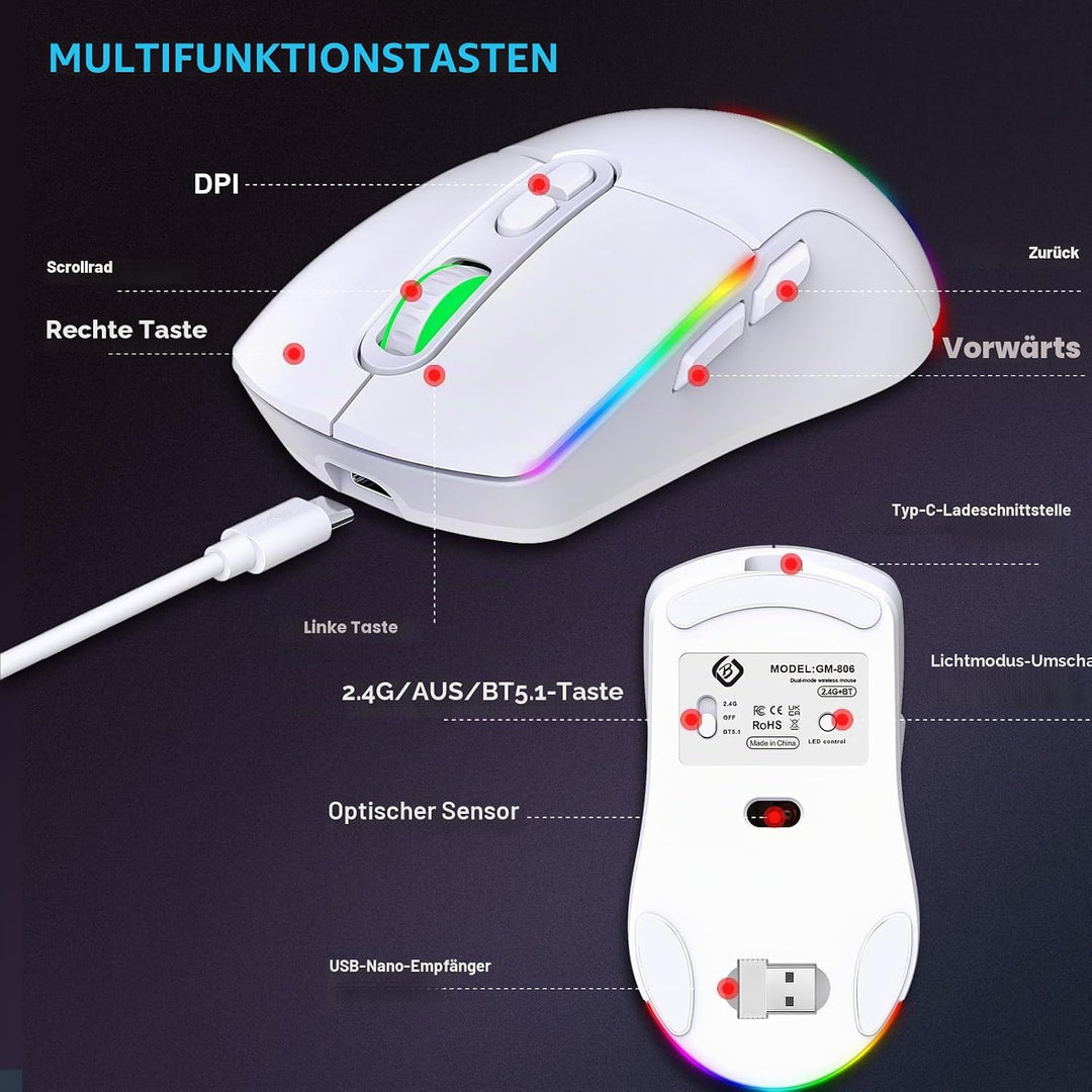Kabellose Gaming Maus, Dual Mode 2.4GHz/Bluetooth 5.1 Maus Gaming, RGB LED Hintergrundbeleuchtung, E