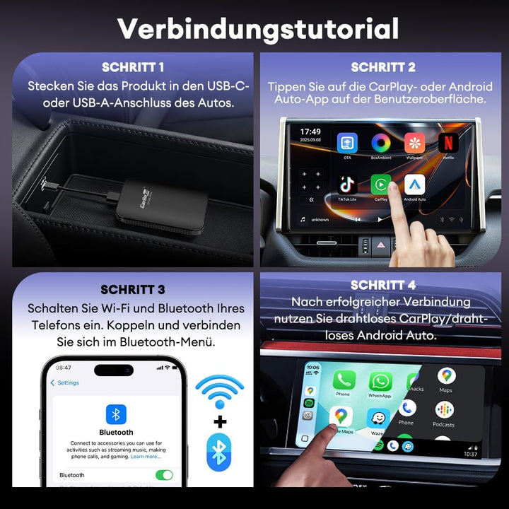 Carlinkit CP2A Pro Wireless CarPlay Adapter–Unterstützt für Netflix/YouTube/TikTok Lite Streaming we