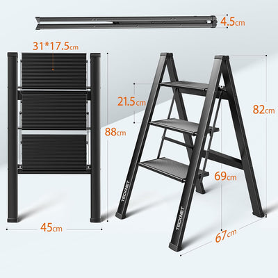 TECKNET Trittleiter 3 Stufen klappbar, Klappleiter aus Aluminium, extra breite Anti-Rutsch-Pedale, b