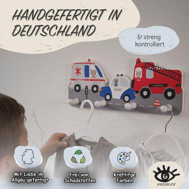 Rettungsautos Kindergarderobe in Bunt inkl. niedlichem A4 Poster - Kinder Garderobe Deko mit 4 Haken