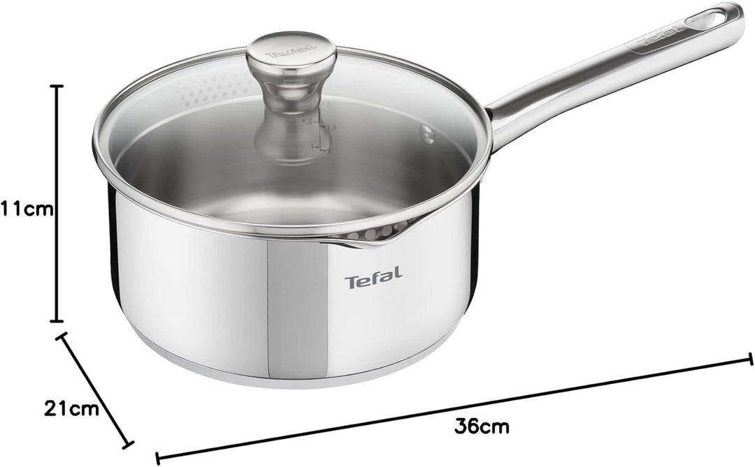 TEFAL DUETTO Stielkasserolle 16cm | A70522 | Edelstahl-Kochgeschirr | mit Siebdeckel und Ausgiesshil