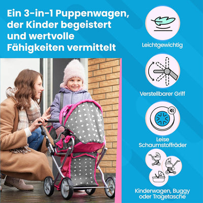 Kinderplay Puppenwagen ab 1 2 3 Jahre Kinderwagen Spielzeug - 3 in 1, Puppenwagen mit Herausnehmbare