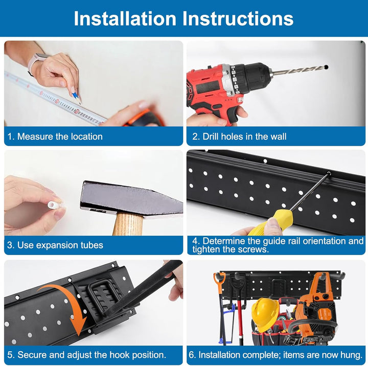 Gartengeräte Halterung,48 Zoll garage tool organizer wall mount, 3 verstellbare Platten + 10 Haken a