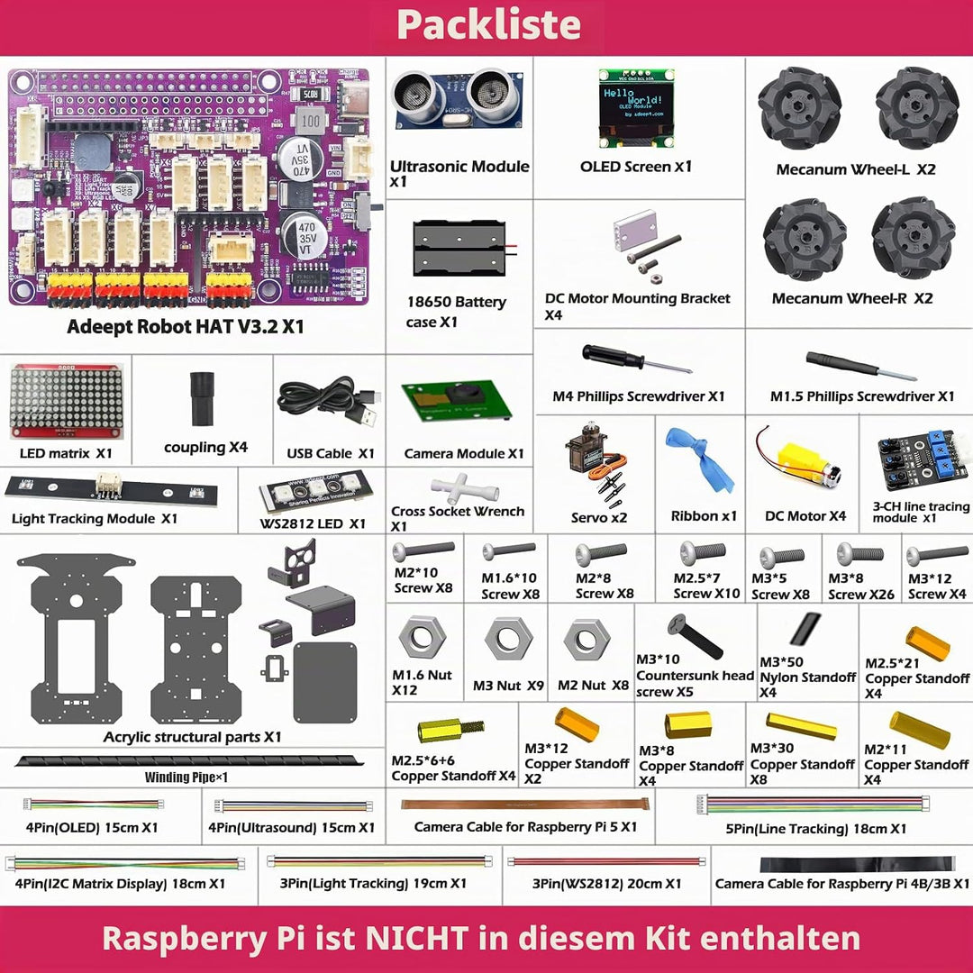 Adeept 4WD Mecanum Wheel Smart Car Kit für Raspberry Pi 5/4B/3B/3B+ (Board nicht im Lieferumfang ent