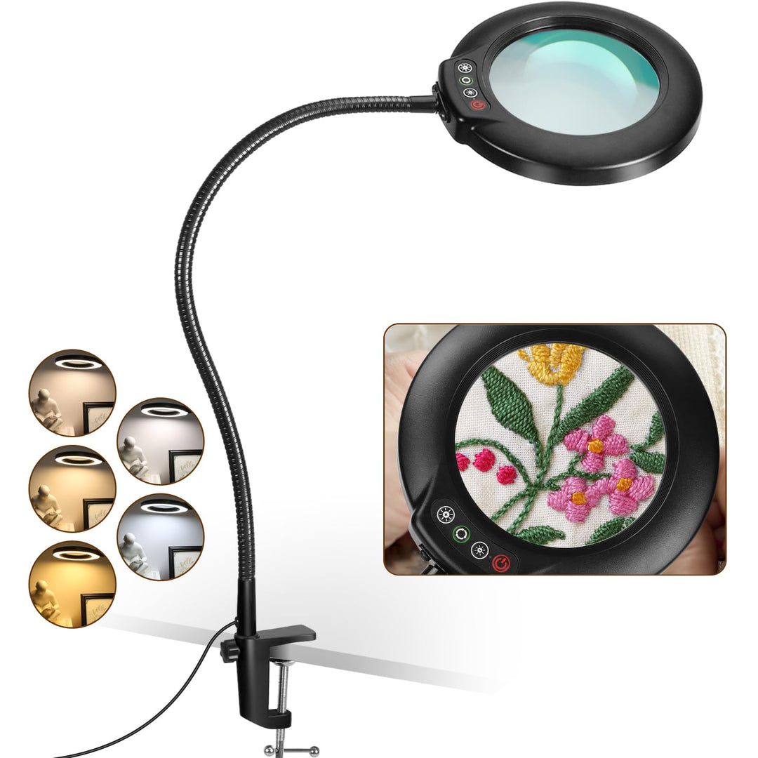 Veemagni 10X Lupe mit Licht und Klemme, Echtes Glas Lupenlampe, 5 Farbmodi Stufenlos Dimmbare, 23 Zo