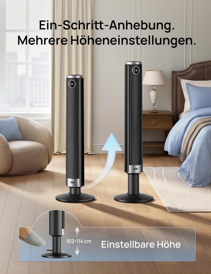 DREO Smart 102–114cm Turmventilator fürs Schlafzimmer, Höhenverstellbar, 8.4m/s, DC-Motor, 9 Stufen,