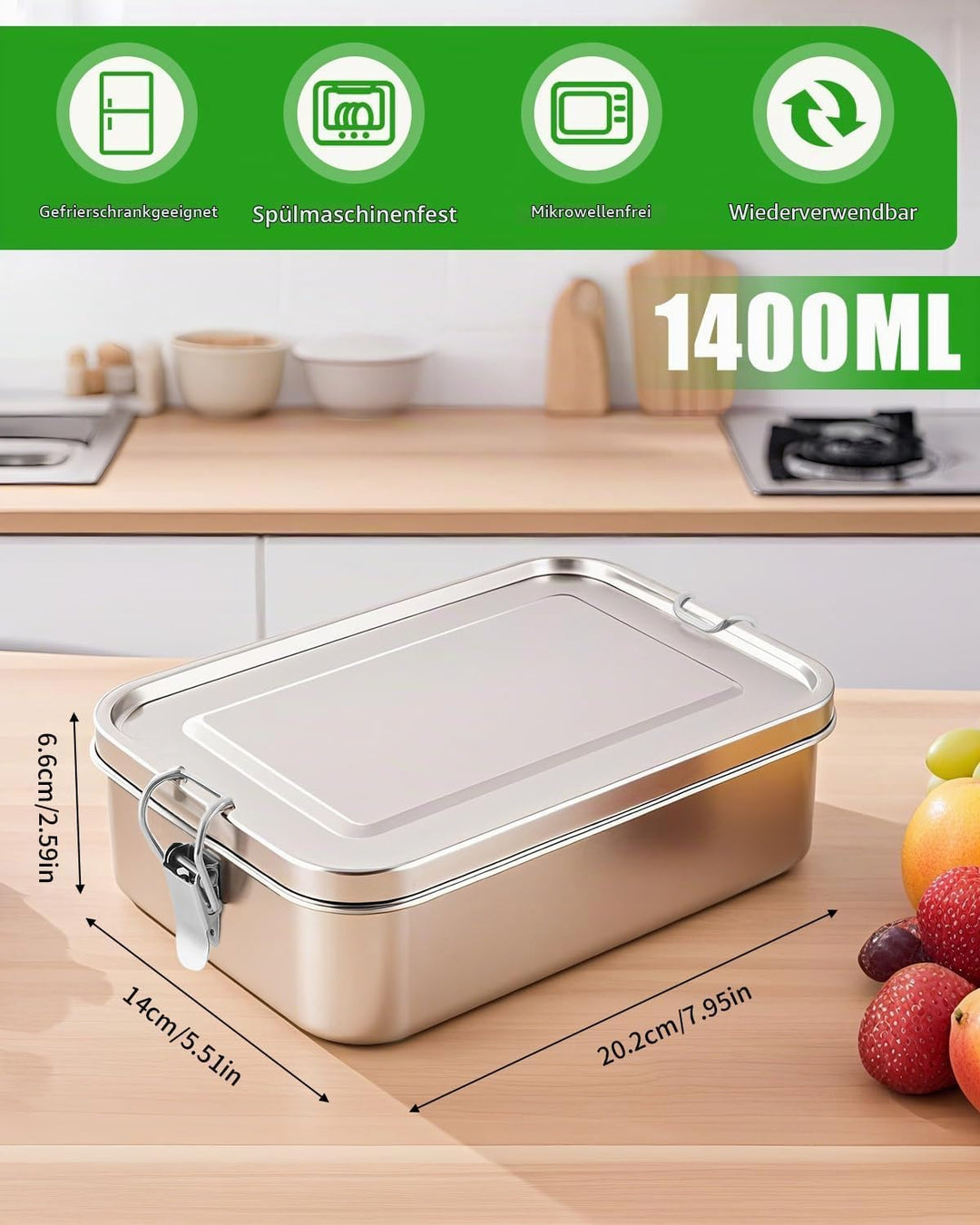 1400ml Edelstahl Brotdose Lunchbox Erwachsene Edelstahl Brotbox Inox mit Trennwand, Auslaufsicher, m
