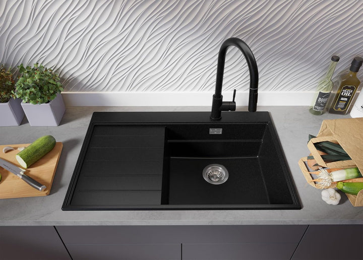 Spülbecken Schwarz 78x50cm, Granitspüle 1 Becken + Ablauf-Set, Küchenspüle ab 60er Unterschrank - Sy