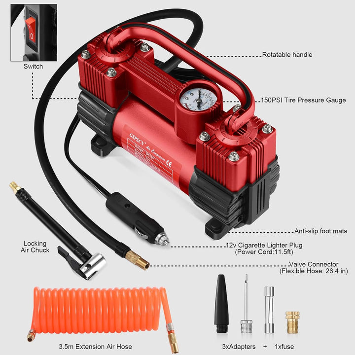 GSPSCN Robuster Reifenfüller, Doppelzylinder, tragbarer Metall, DC 12 V, Luftkompressor, 150 PSI, Re