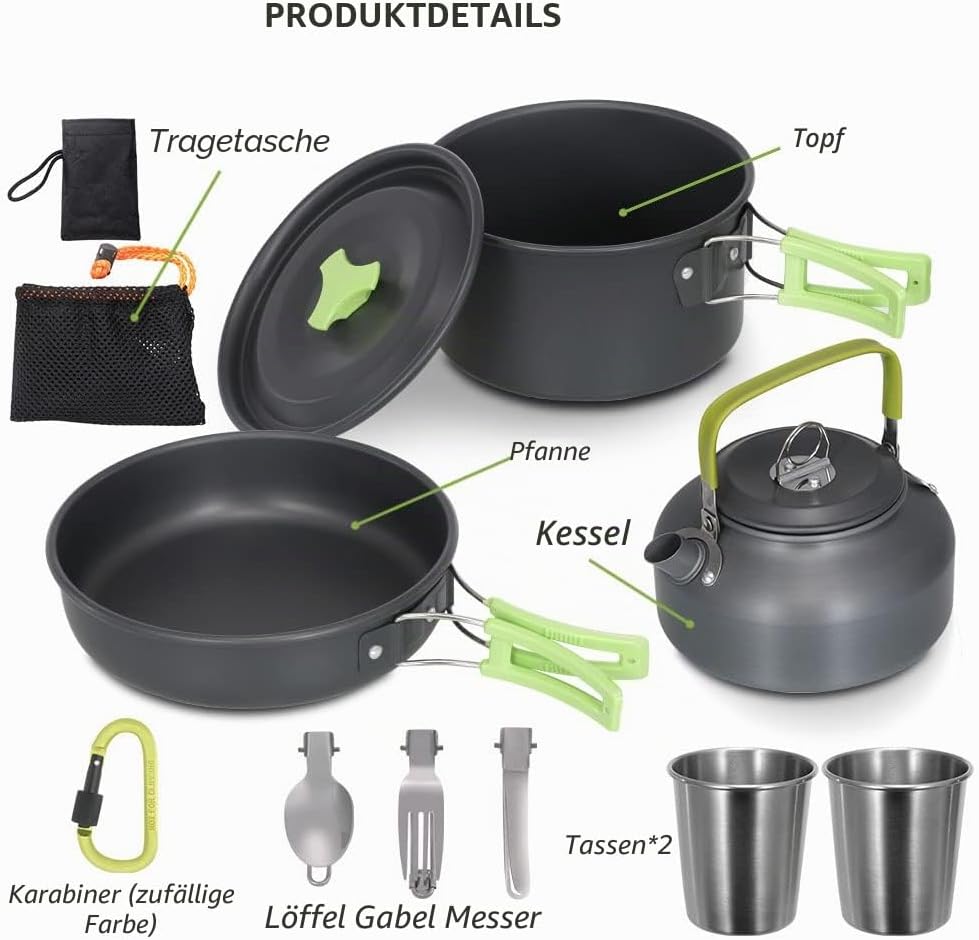 Lixada Camping Kochgeschirr Set Leichte Camping Topf Aluminium Pan Kettle Cups Löffel Gabel Cutter f