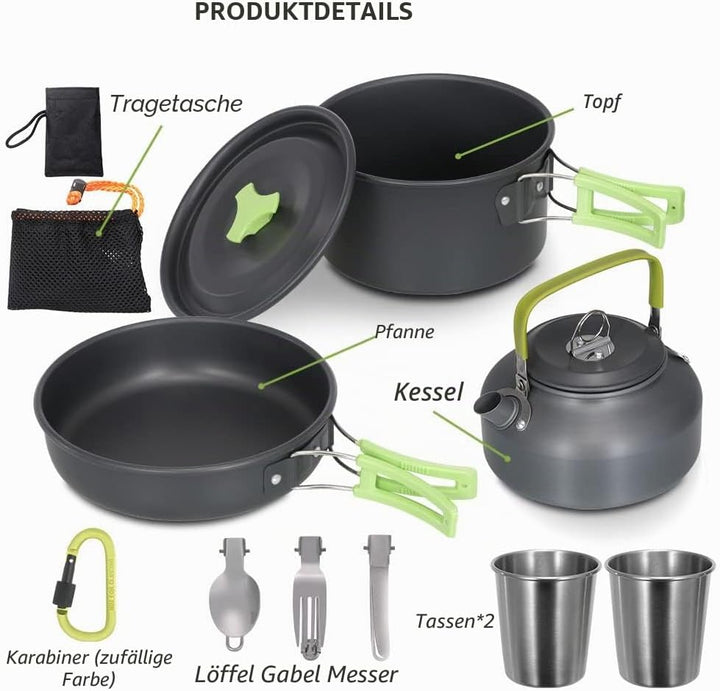 Lixada Camping Kochgeschirr Set Leichte Camping Topf Aluminium Pan Kettle Cups Löffel Gabel Cutter f