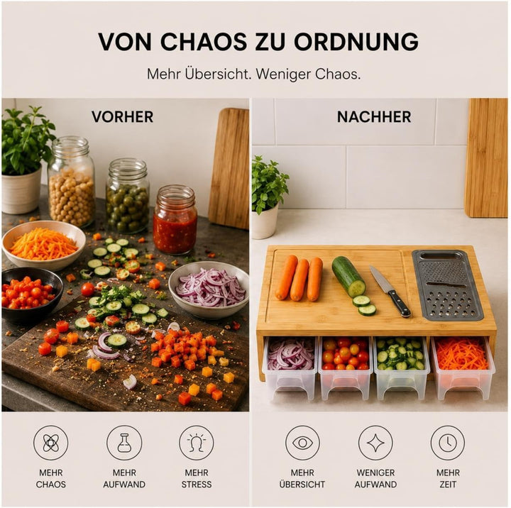 Bambus-Schneidebrett mit Auffangschale, 4 Behältern, Reibe &amp; Mandoline | Bambus Schneidebrett mit Au