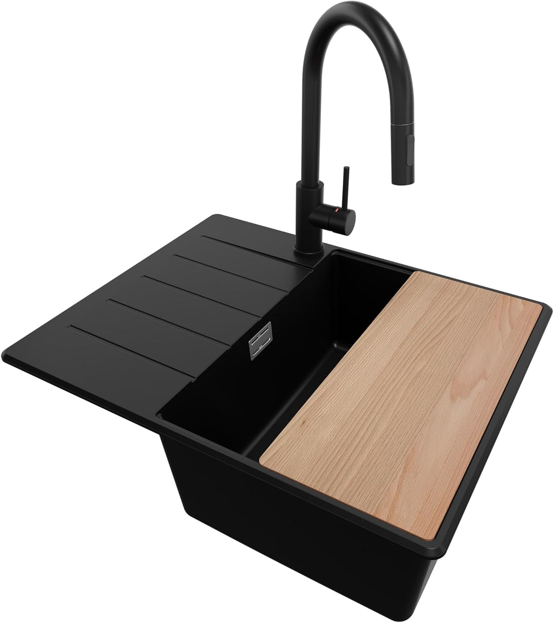 Granitspüle Schwarz 62x50 cm, Spülbecken + Ablauf-Set + Küchenarmatur 9050, Küchenspüle für 45er Unt