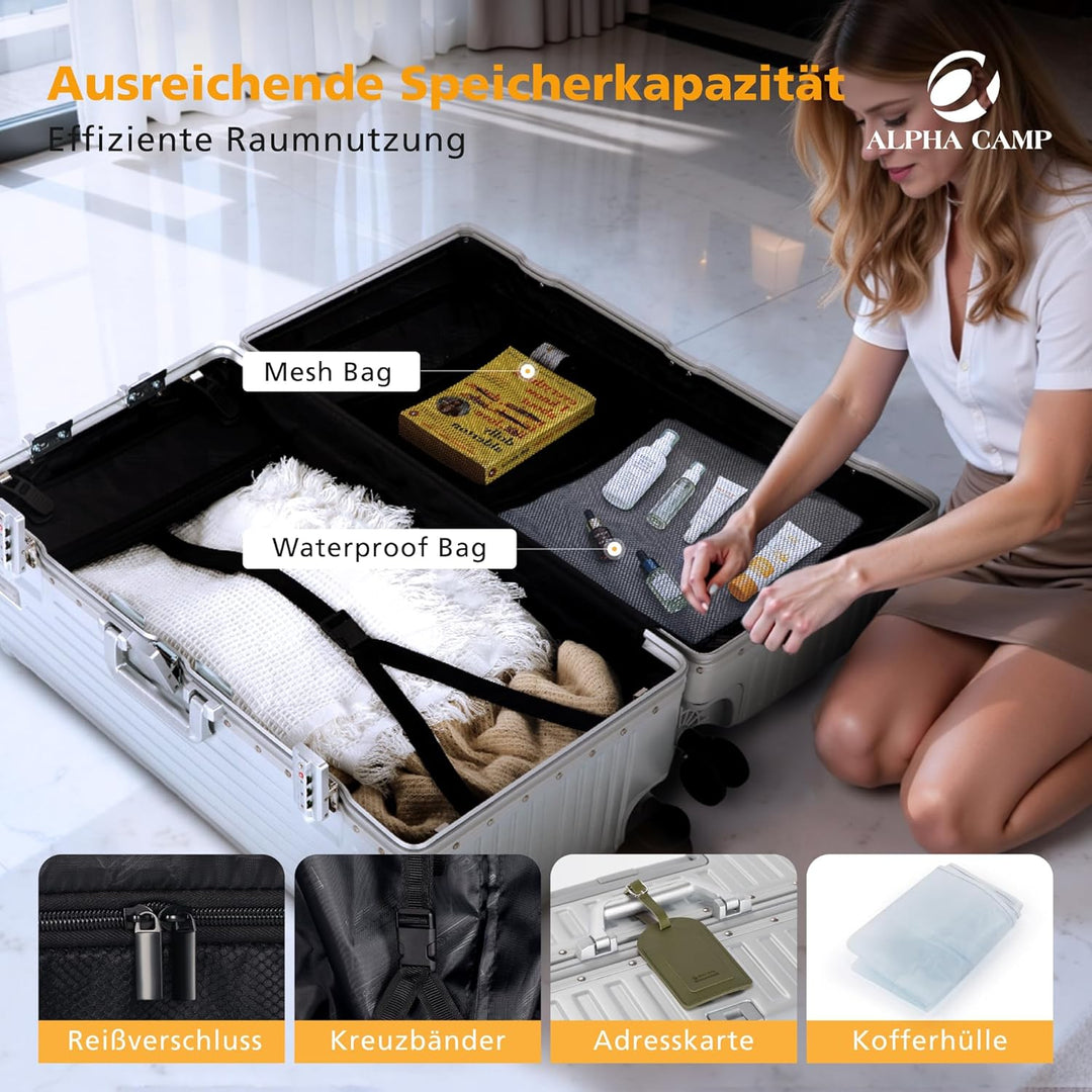 ALPHA CAMP Koffer XL Aluminium Rahmen & Polycarbonat Hartschale mit TSA Schloss Koffer Silber Gross