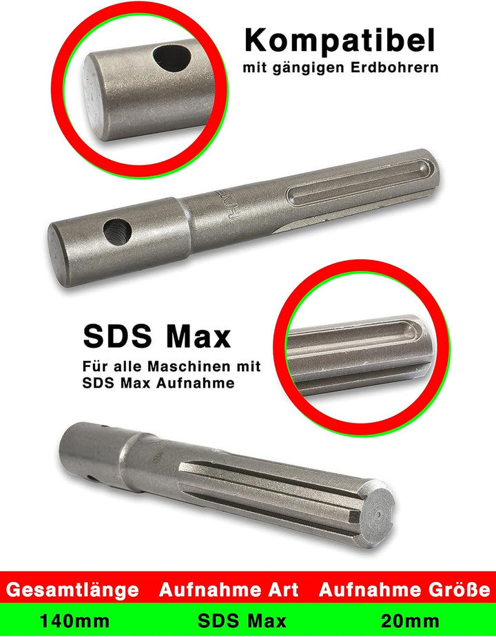 WERHE® Profi Bohrer VollStahl, Erdbohrer für bohrmaschine 60 mm extrem robust mit SDS Max Adapter -