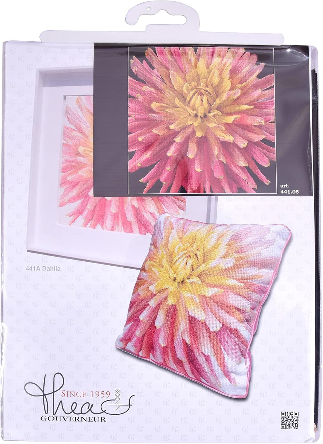 Thea Gouverneur - Kreuzstich-Set - Kissen mit Dahlia - Aida Schwarz - 18 Count - Für Erwachsene - 44