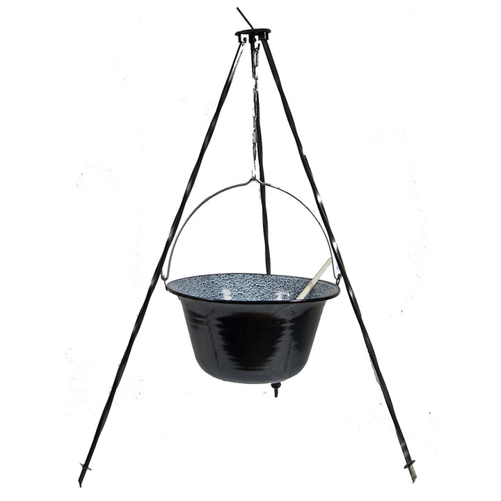 troph-e-shop 14 Liter Suppentopf Emaille + Dreibein 1,0 m + Kochlöffel Suppenkessel Hordentopf Feuer