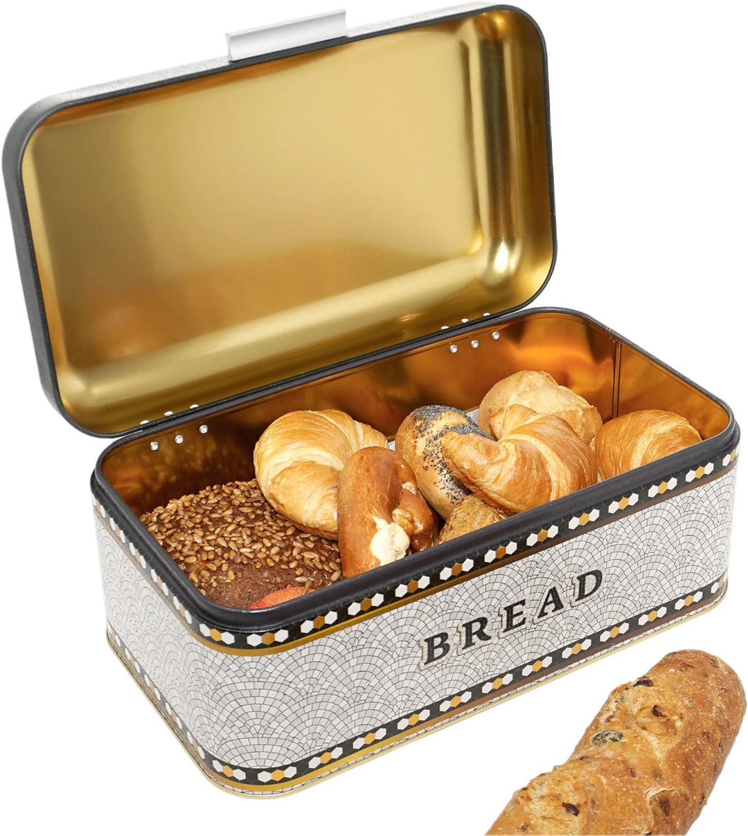 Lashuma Brotkasten Metall grau Mosaik, Brotbox Aufbewahrung gross, Behälter Brot mit Klappe 36x21 cm