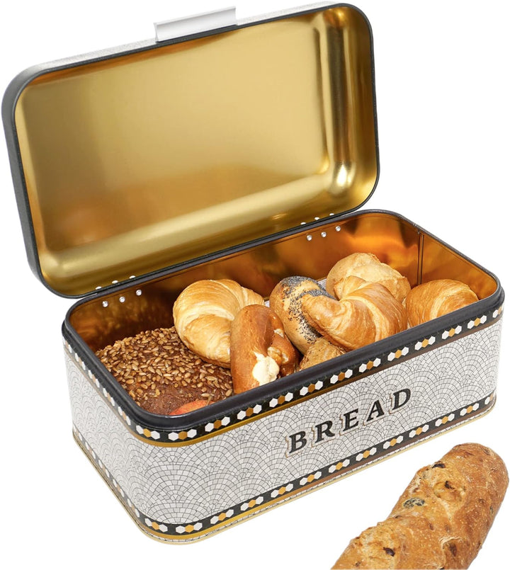 Lashuma Brotkasten Metall grau Mosaik, Brotbox Aufbewahrung gross, Behälter Brot mit Klappe 36x21 cm