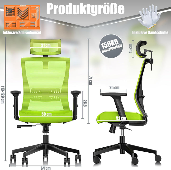 KESSER® Bürostuhl Ergonomisch mit verstellbaren Armlehnen | Drehstuhl mit Lendenwirbelstütze Rückens